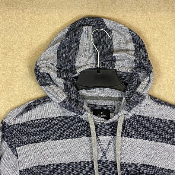 RIP CURL Long Sleeve Hoodie Sweatshirt Mens M Blue Striped‎ Pouch Pocket Relaxed - Picture 2 of 11